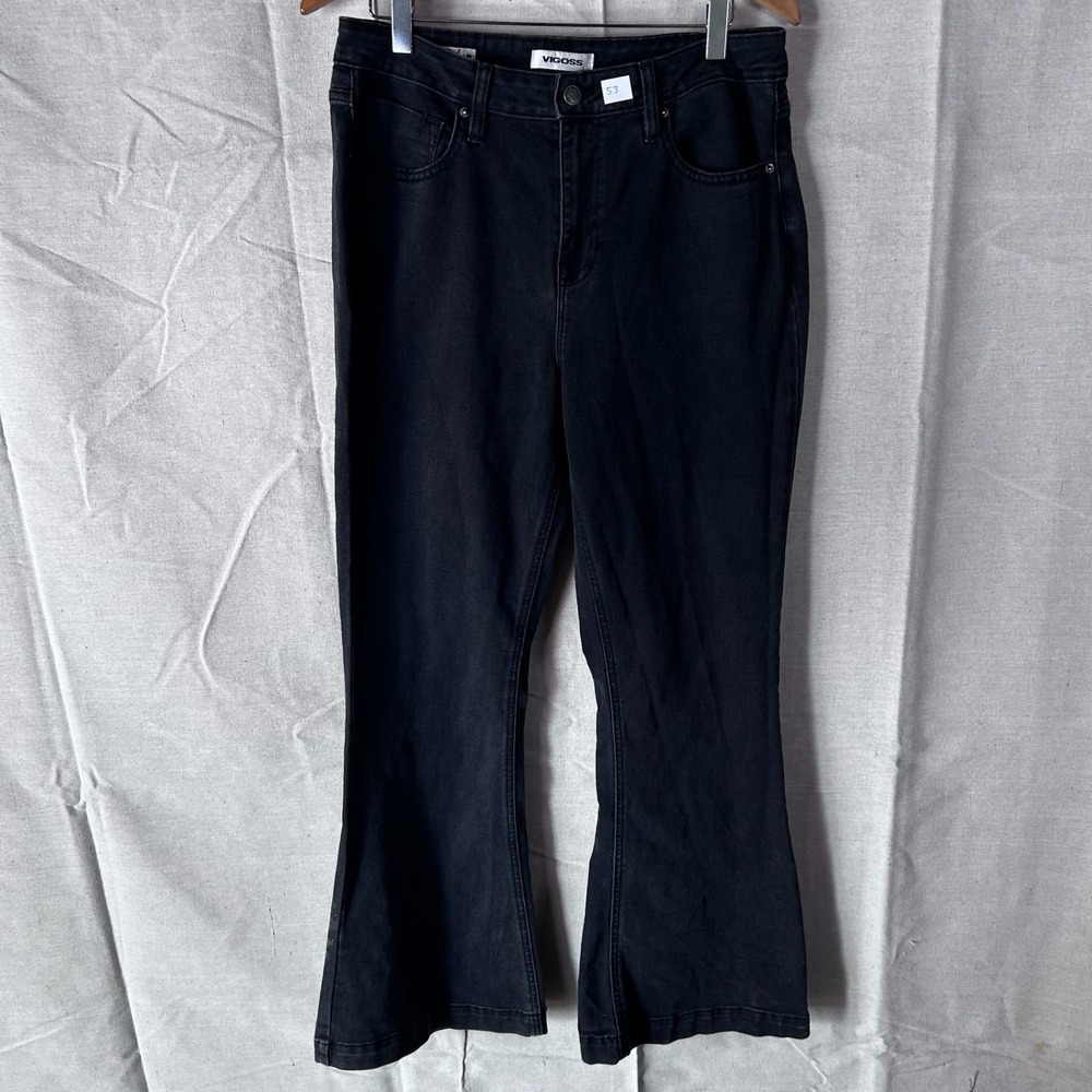 Vigoss‎ High Rise Flare Jeans Washed Black Denim Size 32 Womens 5-Pocket Stretch
